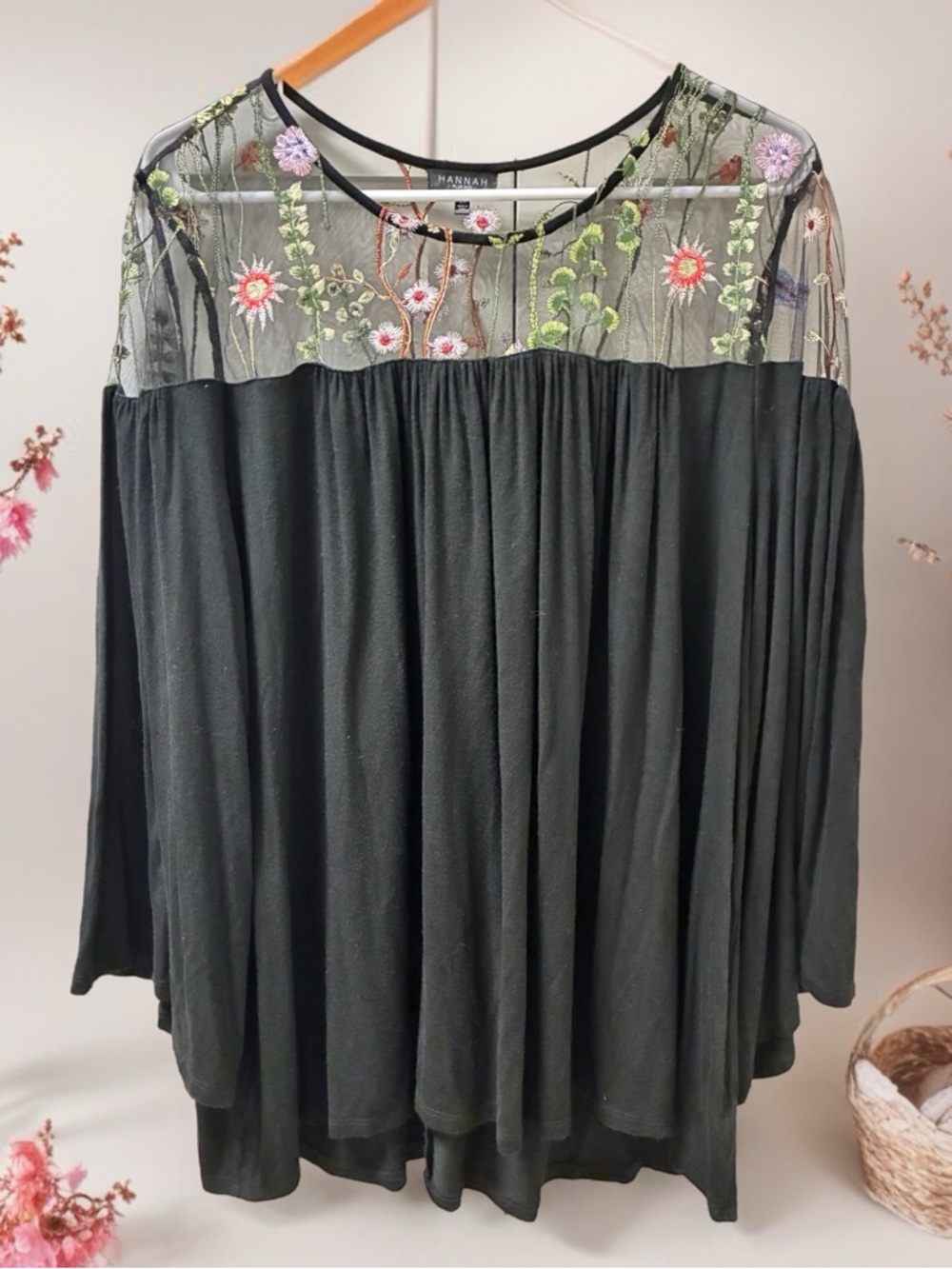 Hannah Black Long-Sleeve Top with Multicolor Floral Embroidered Mesh Yoke